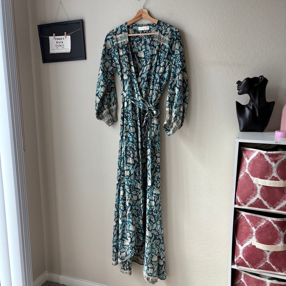 Natalie Martin Dress Silk Floral Wrap Long‎ Sleeve Kate Blue Maxi Dress S - Picture 4 of 11